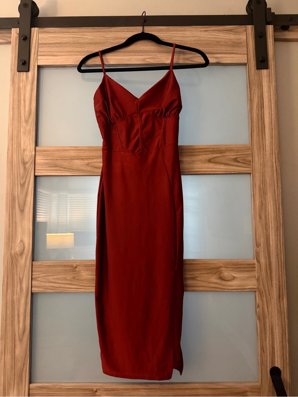 Burnt Orange Slip Midi Dress with Spaghetti Straps